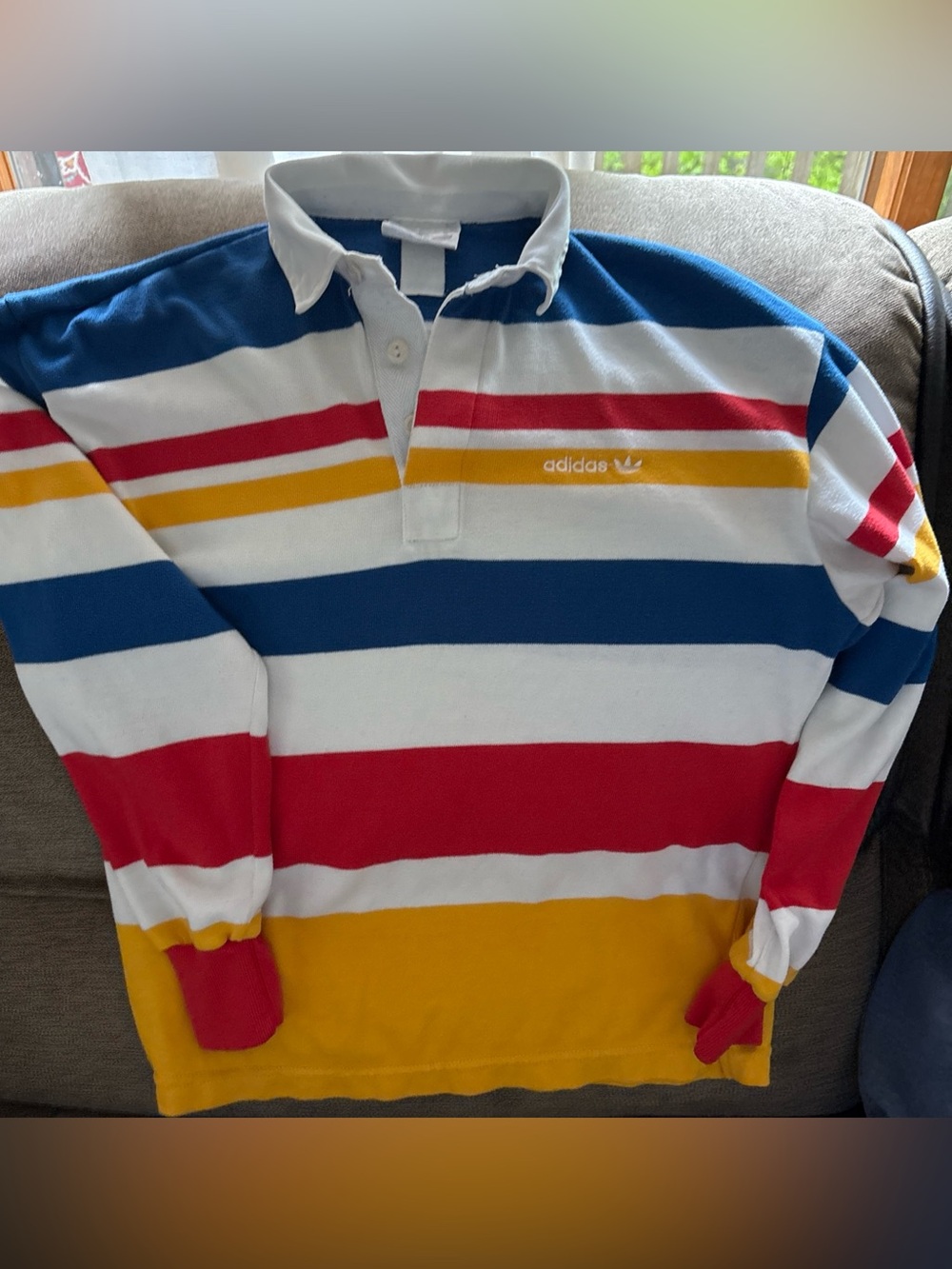 Vintage 1990s Adidas Multicolor Striped Collar Polo Rugby Long Sleeve Shirt Sz M